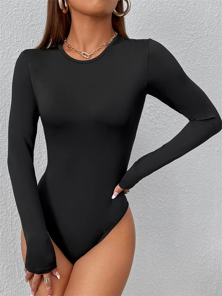 Femmes basique à manches longues col rond Blouse body automne hiver décontracté couleur unie coupe ajustée moulante combinaison Streetwear