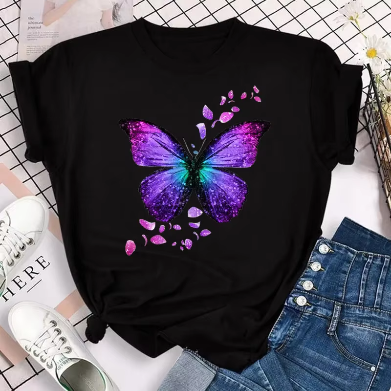 T-Shirt imprimé de pétales de papillon colorés pour femmes