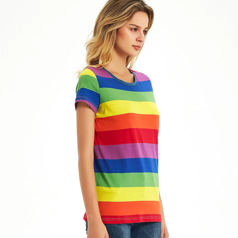 T-Shirt arc-en-ciel à rayures pour femme hauts haut à manches courtes