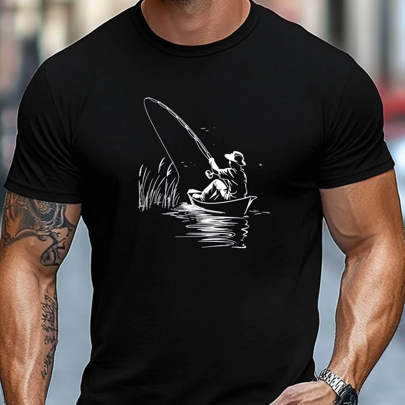 T-shirt à manches courtes pour homme avec motif bateau et pêche