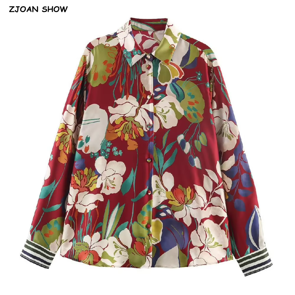 Chemisier Chic en Satin Rouge Profond à Imprimé Floral avec Col Revers