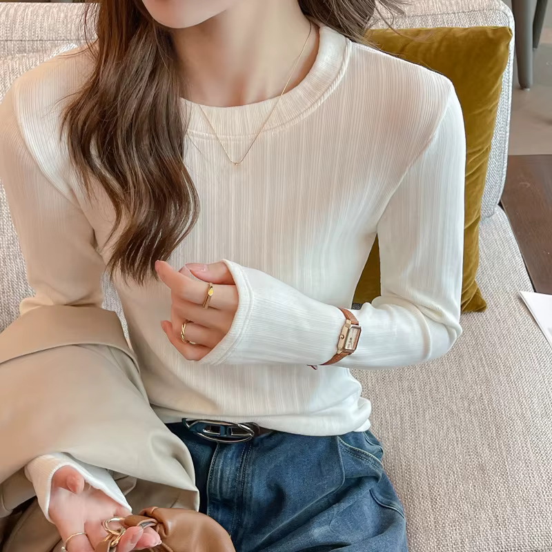 T-shirt côtelé texturé à manches longues pour femme