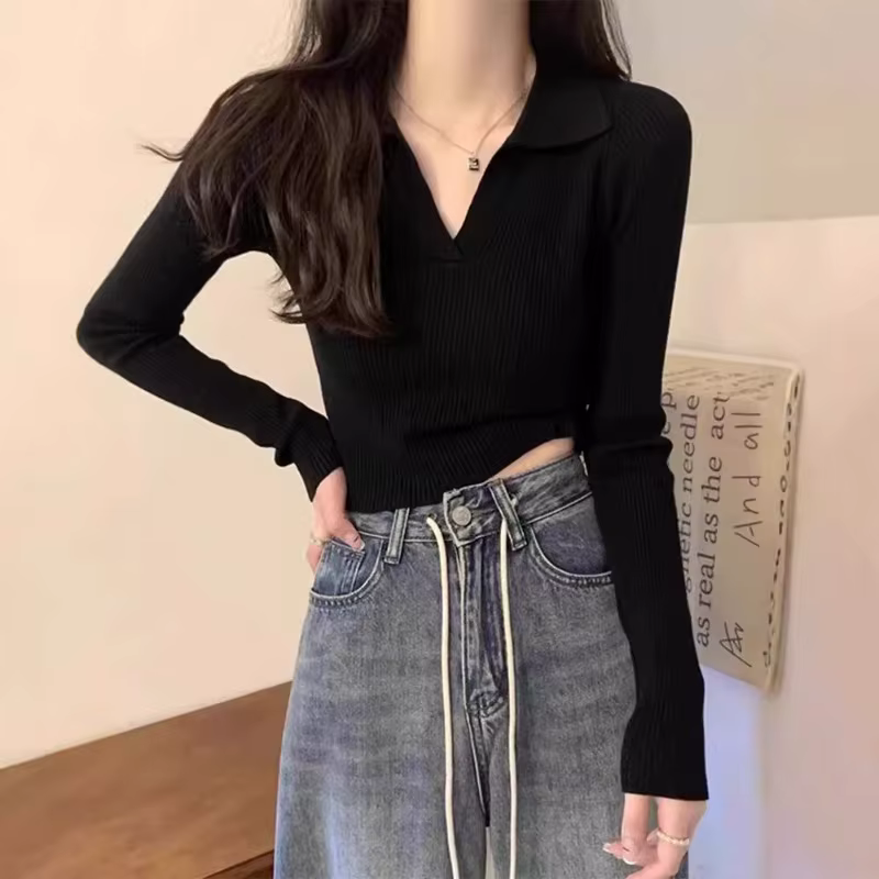Tempérament polo revers pull à manches longues pour les femmes automne hiver coupe ajustée intérieure pure luxure style haut col en v chemise de fond