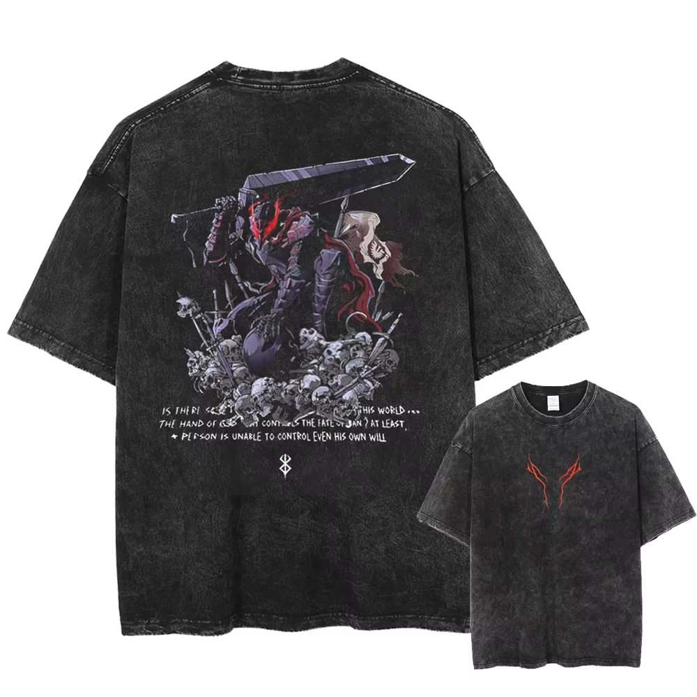 Berserk-T-shirt vintage en coton délavé pour homme et femme