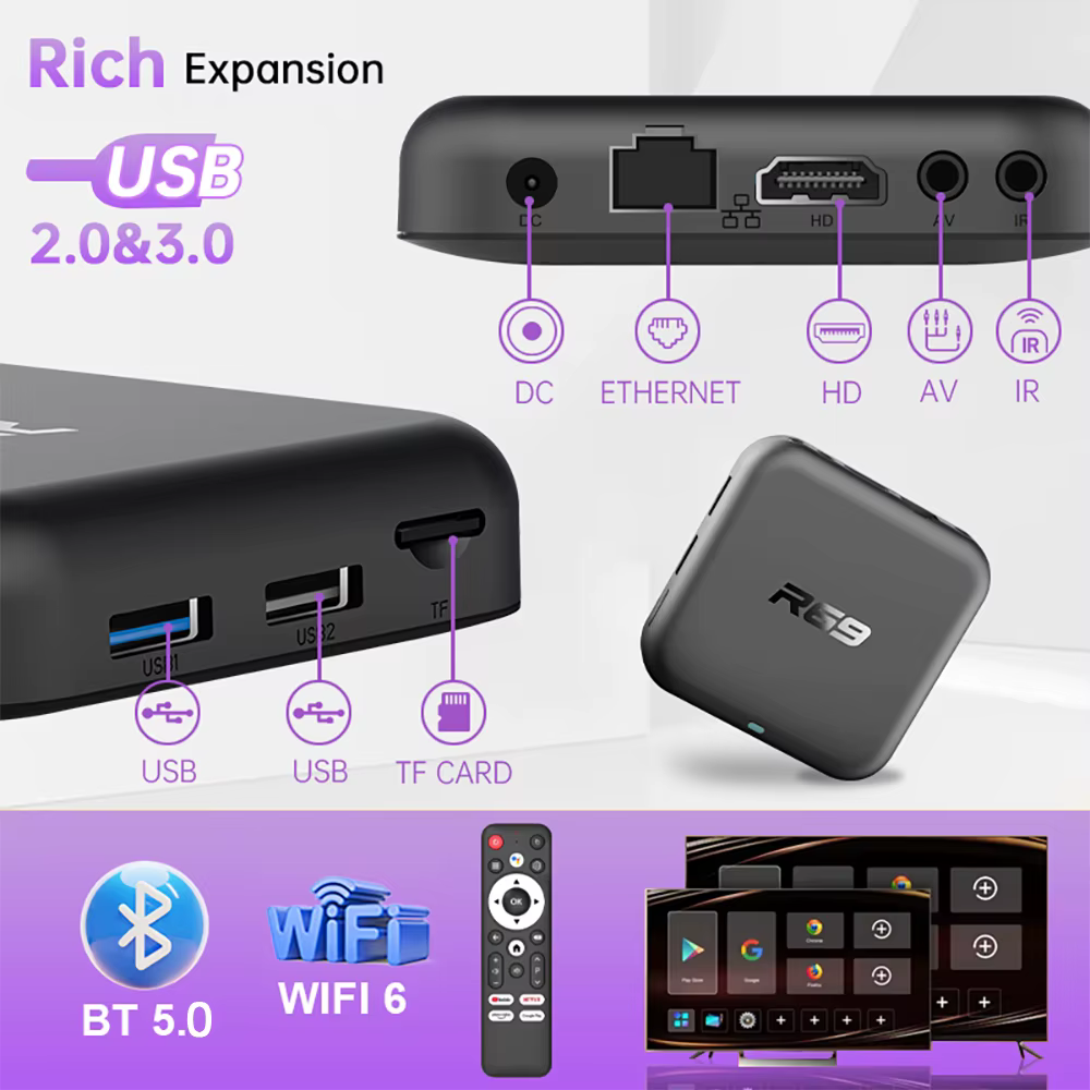 Boîtier TV Android 14 R69-1 Double Wi-Fi 2.4G/5G BT5.0 Lecteur Multimédia 4K UHD HDR 2 Go RAM 16 Go ROM Décodeur Intelligent Divertissement à Domicile