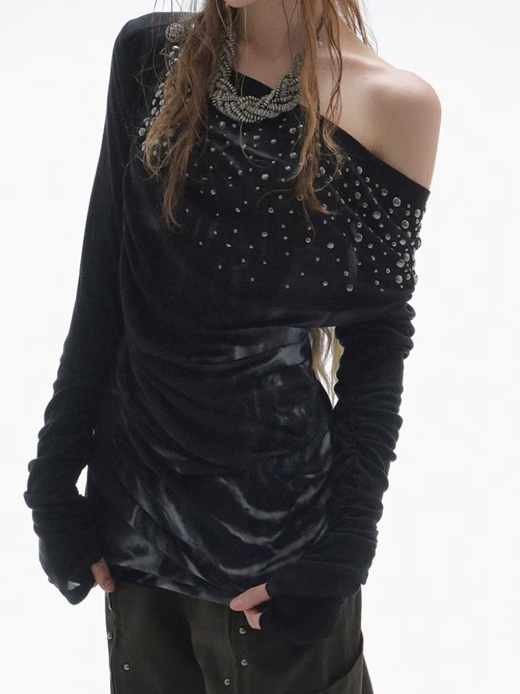 À la mode américain rétro y2k Harajuku punk début d'automne col pivotant épaule oblique chaud diamant imprimé design sens haut emo
