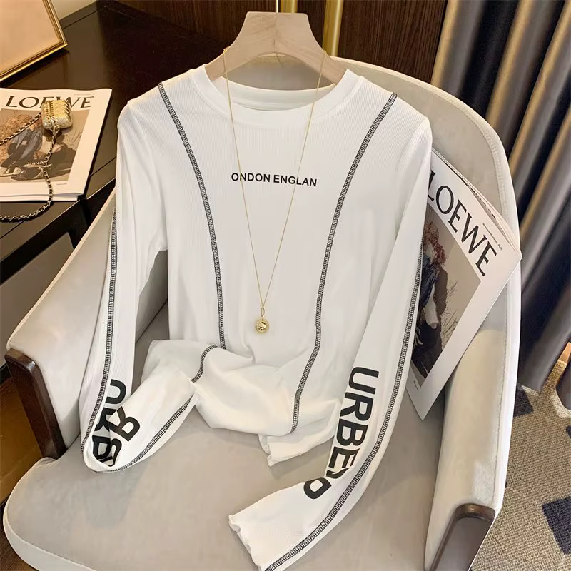 T-shirt à manches longues imprimé lettre blanche pour femmes