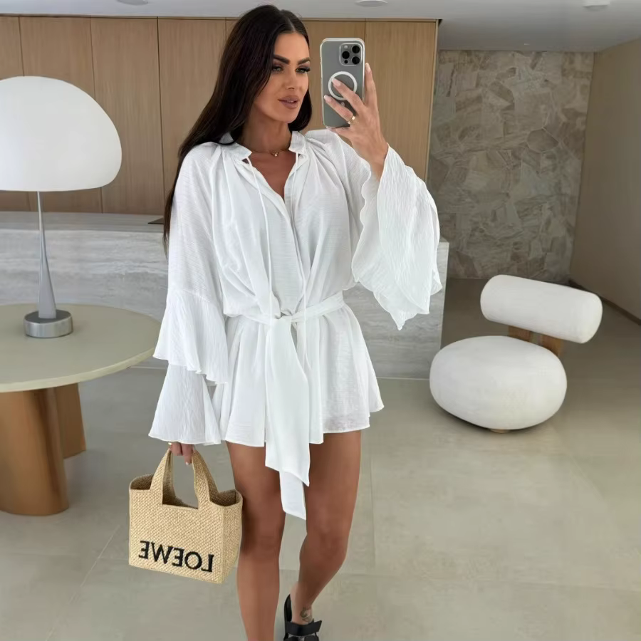 Nouvelle Collection 2026 : Robe Mini Ample et Élégante pour Femme, Col en V Profond, Manches Longues, Couleur Unie, Effet Plissé
