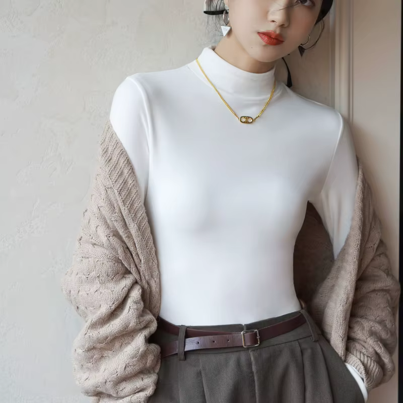 T-shirt élégant à col montant et manches longues pour femme – Haut basique chaud automne-hiver