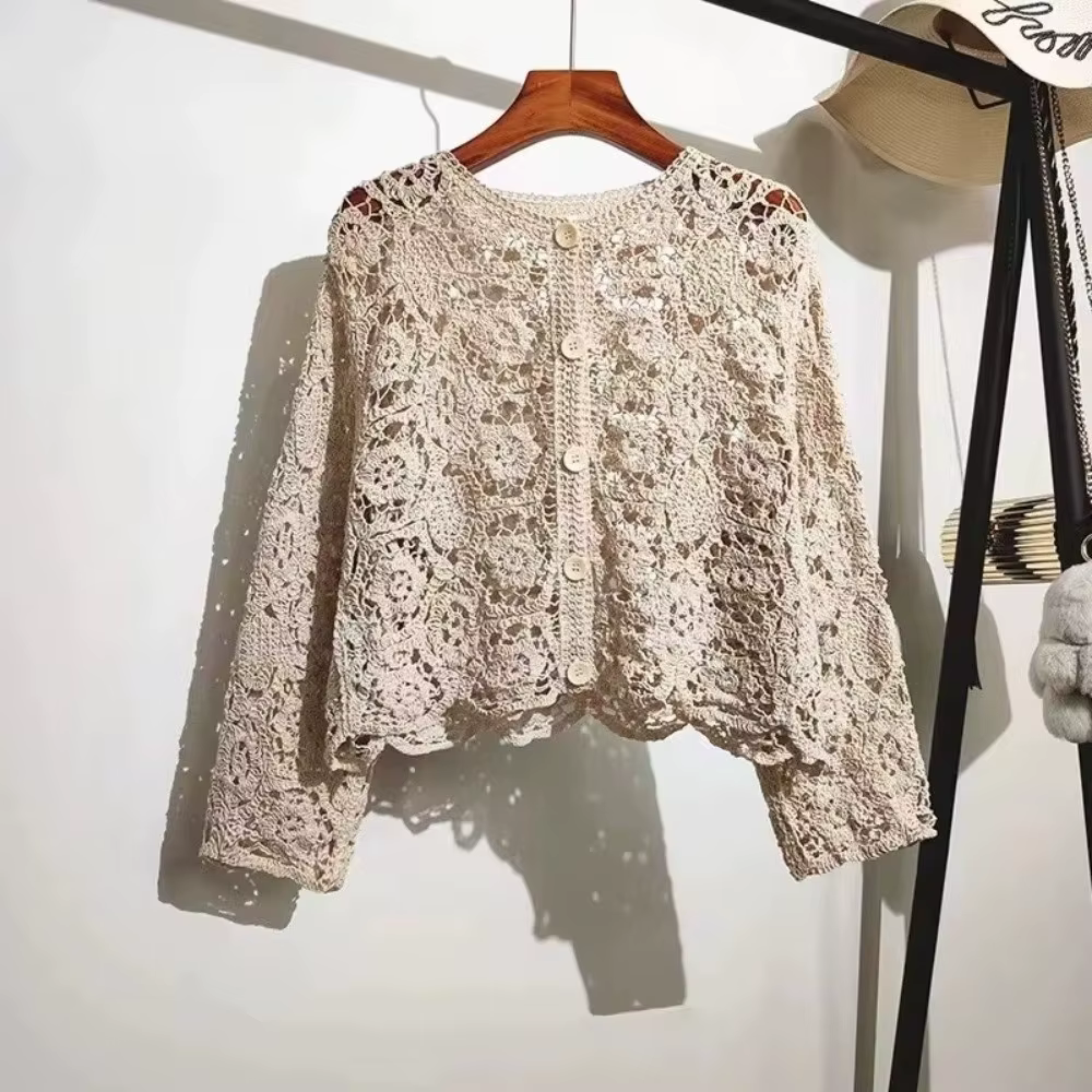 Cardigan en maille ajourée style bohème à manches 3/4 pour femme