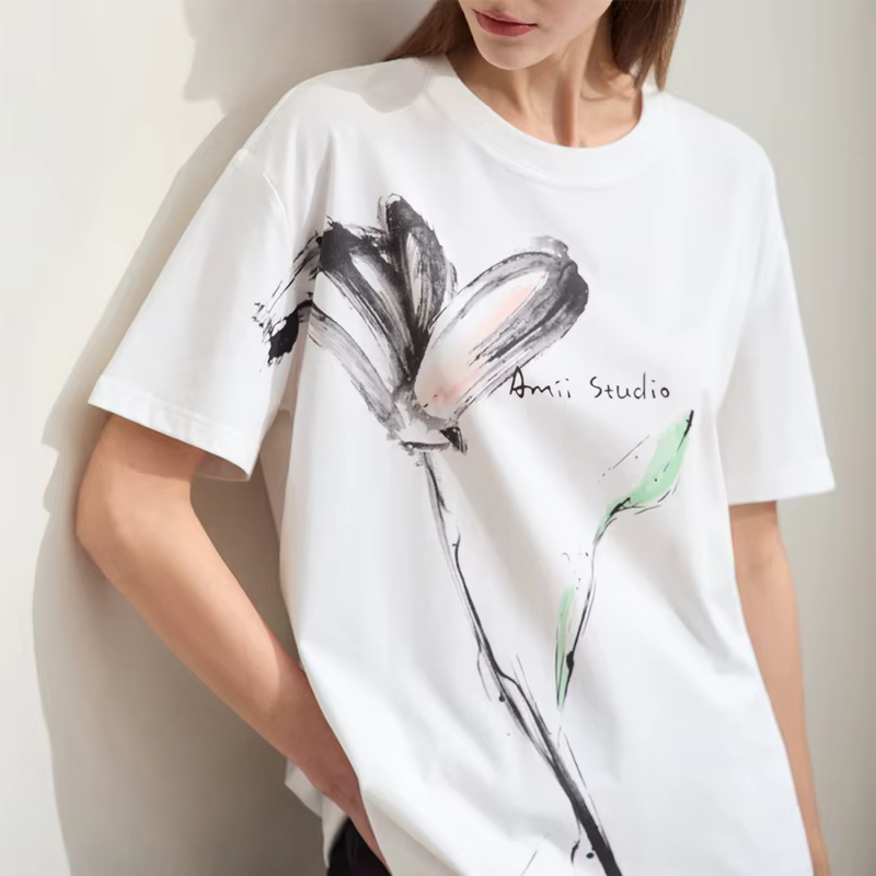 T-shirt femme Amii 2026 – Nouvelle collection été – Coton rafraîchissant – Col rond – Imprimé encre – Coupe ample – Manches courtes – Hauts 12622149