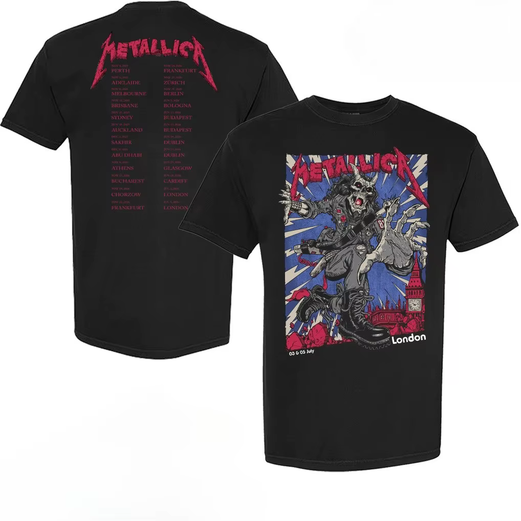 T-shirt Metallica M72 London 2026 avec les dates de la tournée mondiale des membres du groupe