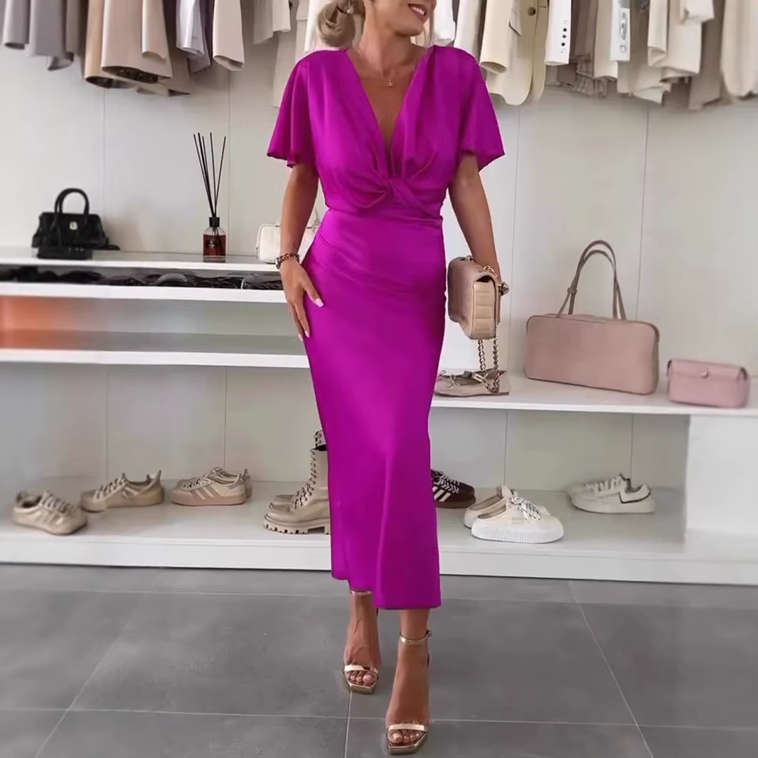 Robe longue élégante pour femme, style tendance, nouvelle collection été, en tissu polyester, taille haute, manches courtes, col en V, jupe à godets