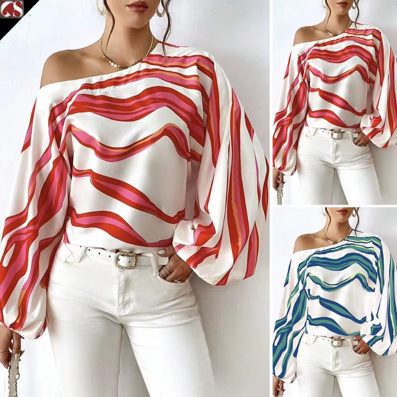Mode à manches longues Sexy épaules nues chemises femmes Slash cou imprimé Blouses décontractées en vrac