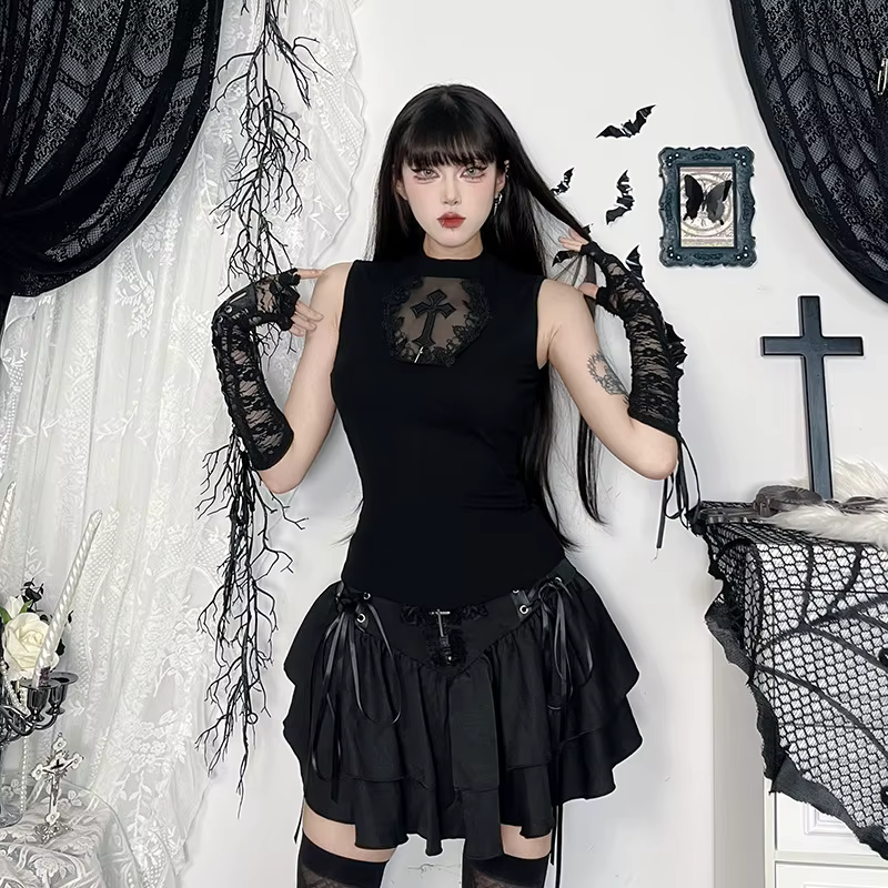 Goth foncé été réservoirs haut solide basique Techwear hauts femmes centre commercial gothique maille Patchwork croix gilet sans manches T-shirt Alt vêtements