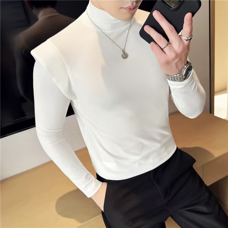 Mode faux deux pièces T-Shirts pour hommes à manches longues couleur unie élastique