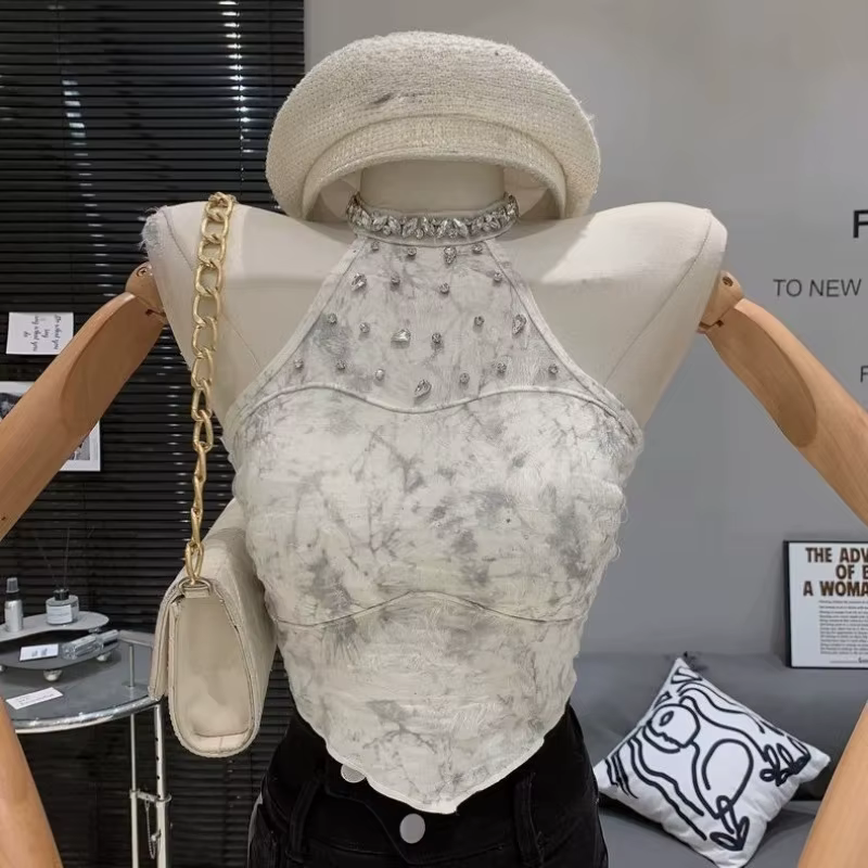Matakawa Y2k vêtements dos nu t-shirt pour femmes imprimer printemps été Sexy Ropa De Mujer perles licou rétro débardeurs