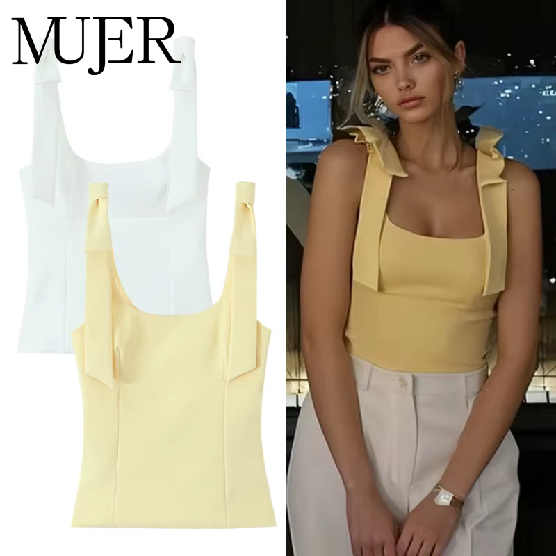 MUJER 2025 Bow haut court femme jaune Sexy