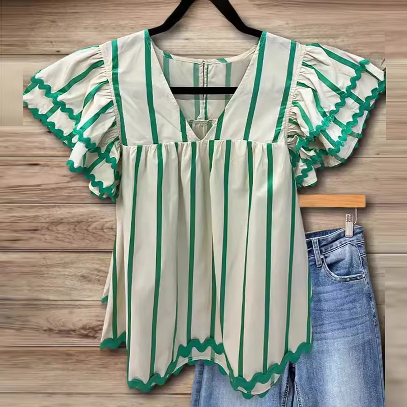 T-shirt d'été à manches courtes et col en V pour femme
