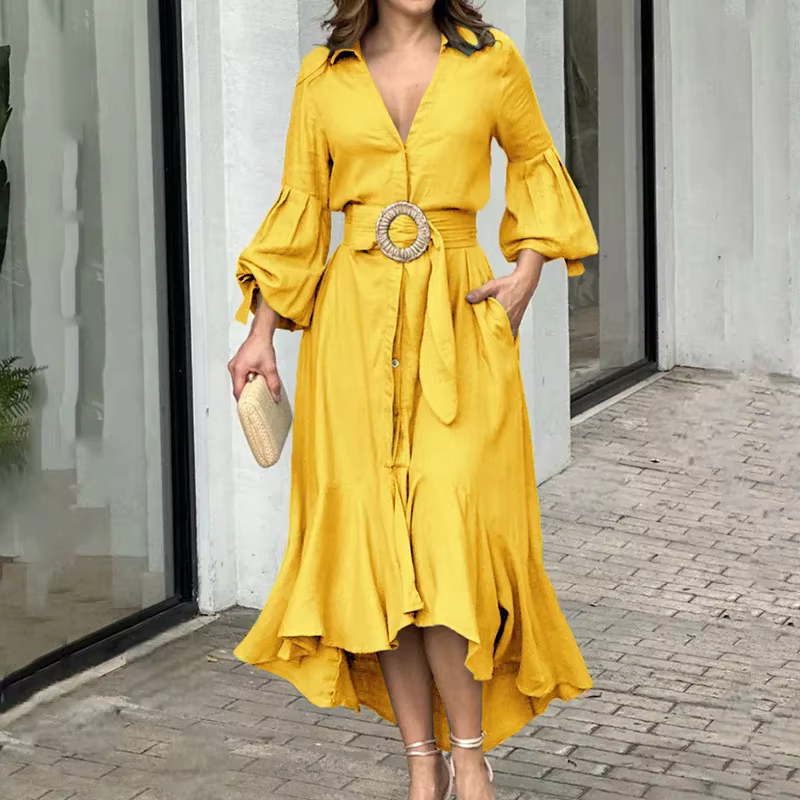 Manches lanternes avec ourlet irrégulier femme élégante taille haute tenue décontractée mode femme col en V manches évasées robe chemise trapèze