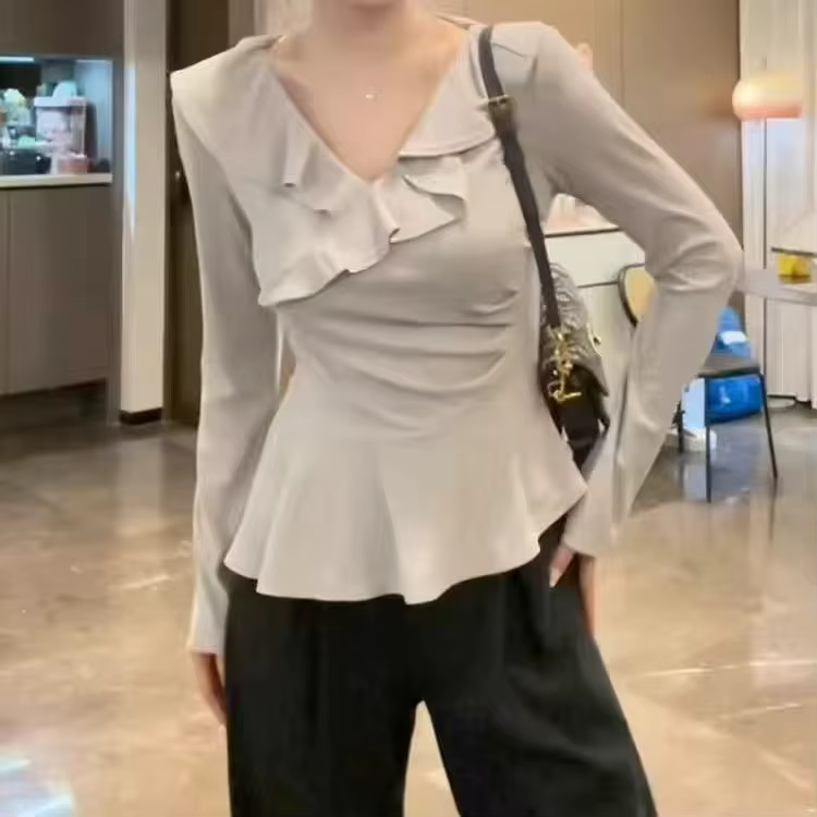 T-Shirt à manches longues et col en v pour femme