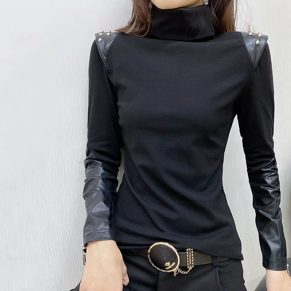Noir dames T-shirts élégants automne hiver nouveau à manches longues demi-col haut sous-couche chemise mode polyvalent