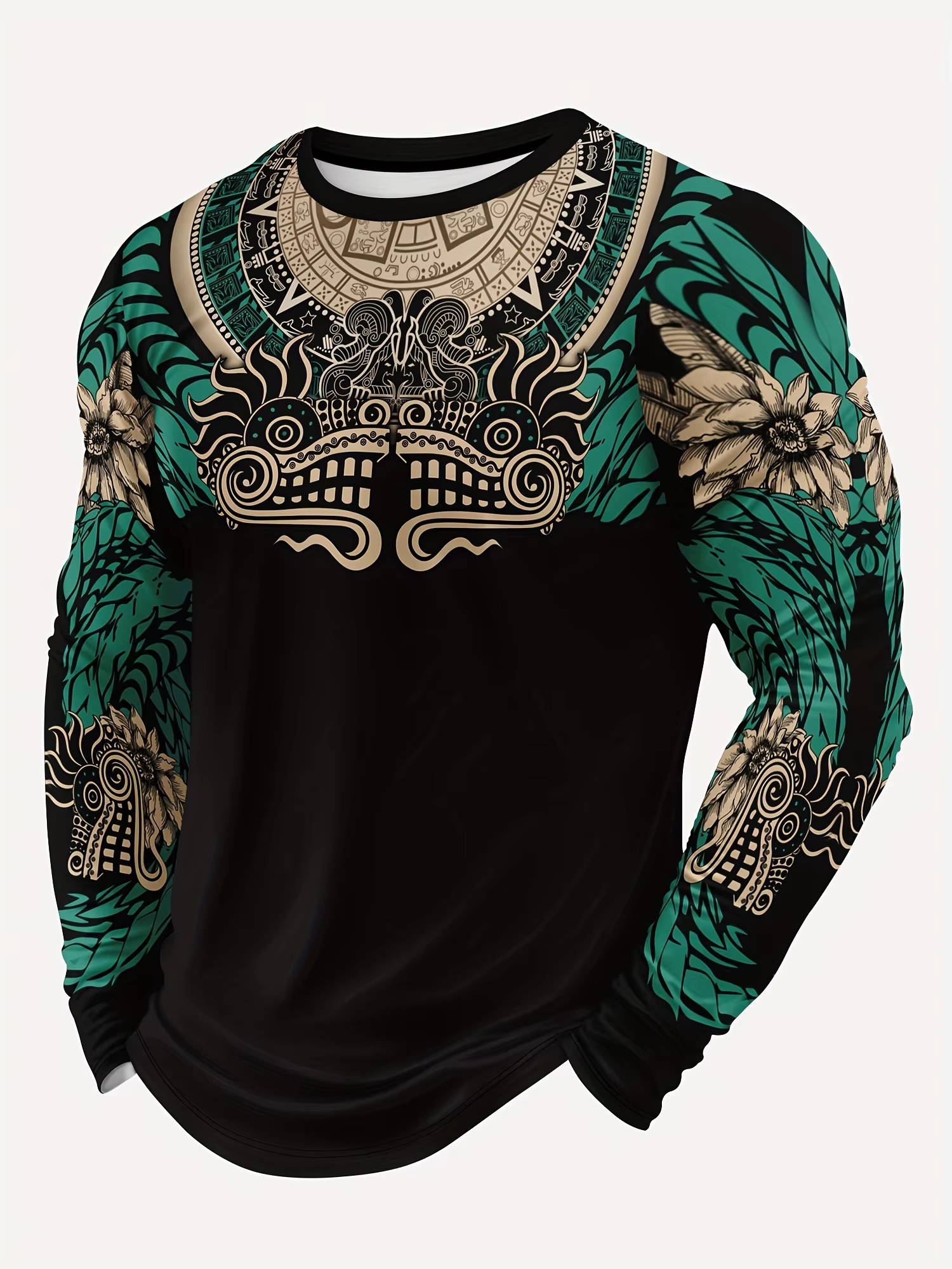 T-shirt à manches longues imprimé Quetzalcoatl pour homme 2026 avec graphiques aztèques numériques