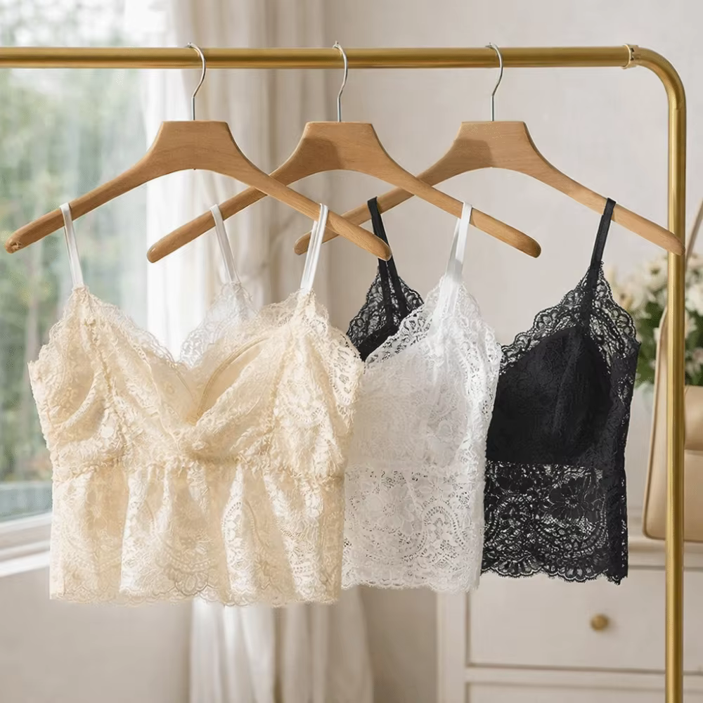 Débardeur court en dentelle française tendance avec coussinets intégrés