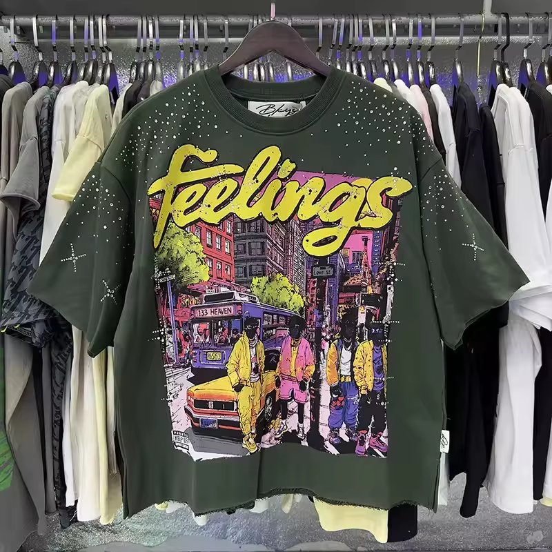 T-shirt court unisexe en molleton French Terry vert abricot avec imprimé graphique streetwear et strass