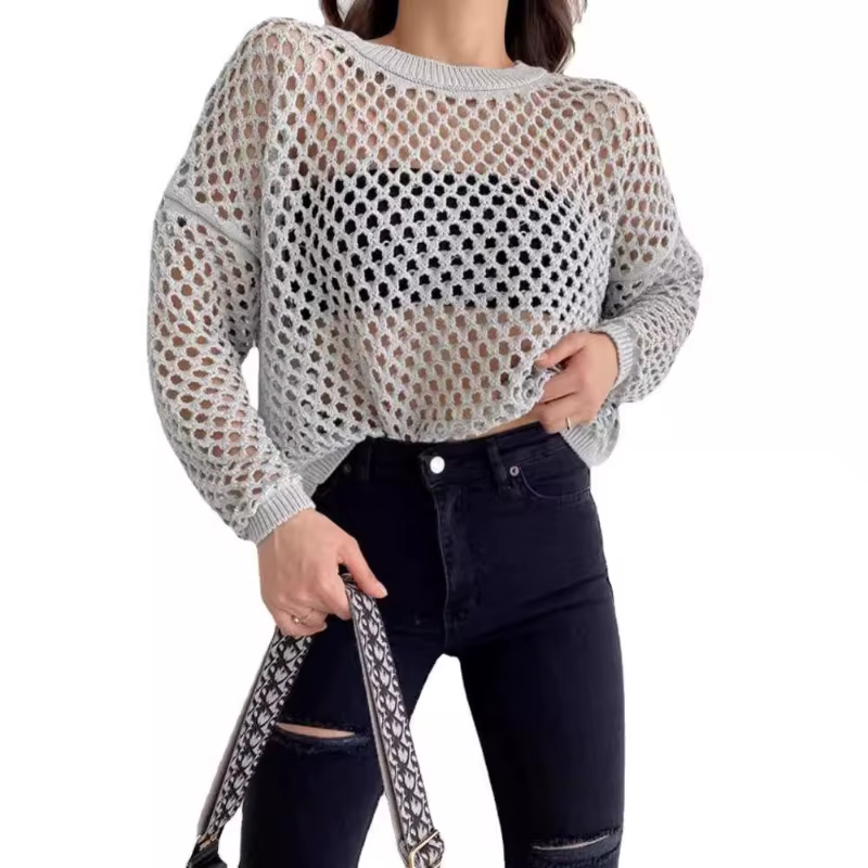 Pull ample à manches évasées et col rond pour femme, tricot ajouré