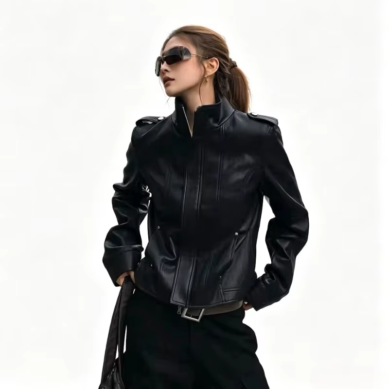 Veste en cuir vintage américaine à manches longues, double fermeture éclair, patchwork, streetwear pour femmes, style Y2K rétro, manteau moulant esthétique 2026
