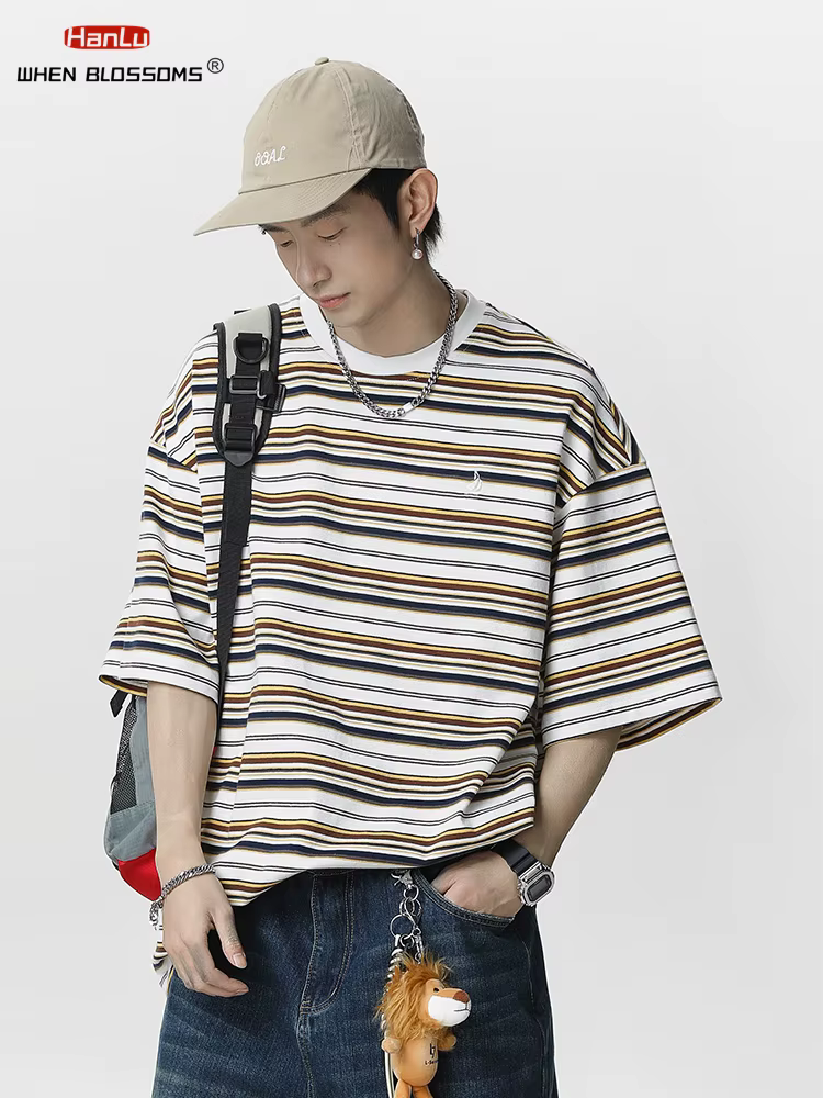 HANLU rétro contraste couleur rayure à manches courtes T-Shirt unisexe été nouveau Style broderie à la mode décontracté Couple t-shirts
