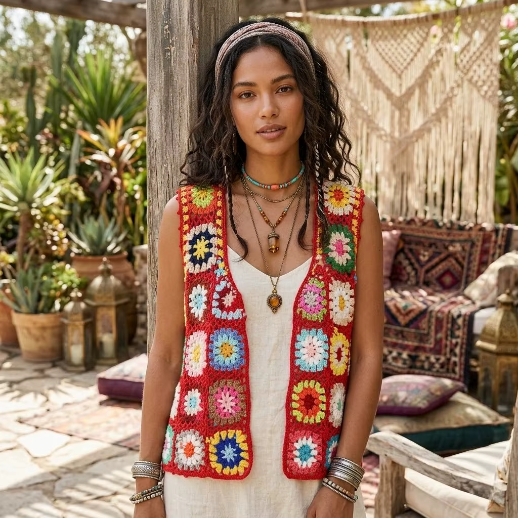 Haut court en maille pour femmes, style Boho, reines, Hippie, arc-en-ciel, ajouré, sans manches, avec pompon, à volants