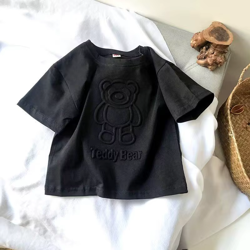T-shirt imprimé ours mignon pour enfants, nouveaux vêtements d'été pour garçons et filles, hauts de couleur unie, décontracté et ample, pull à col ras du cou