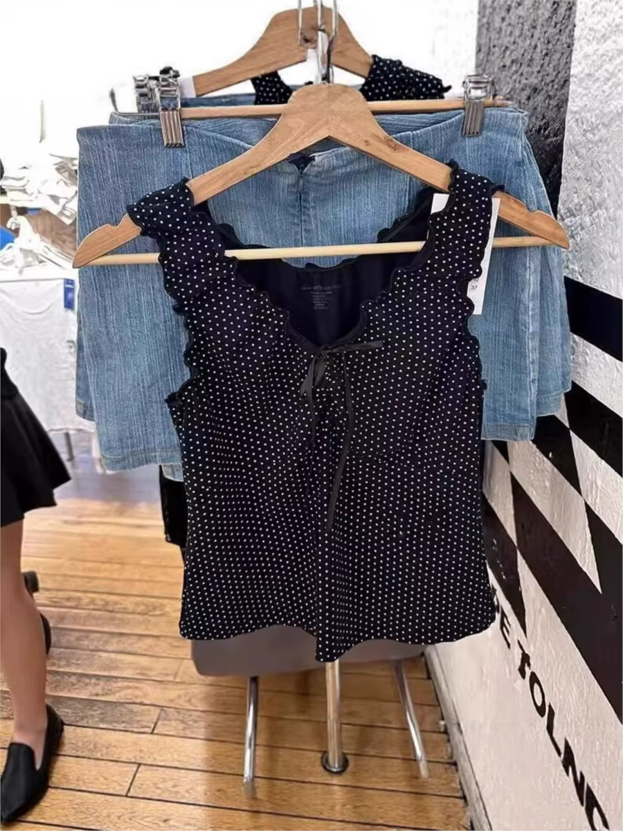 Débardeur Harajuku pliable noir à pois pour femme