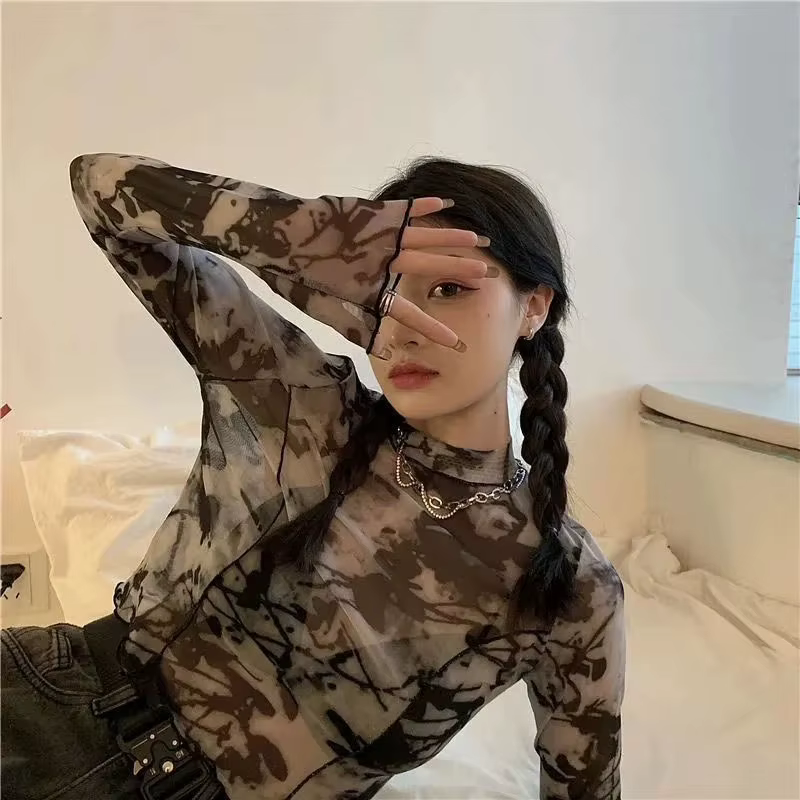 T-shirts à manches longues femmes cravate-teinture imprimé été résistant au soleil hauts courts mode haute rue gaze Style coréen Chic adolescents rétro