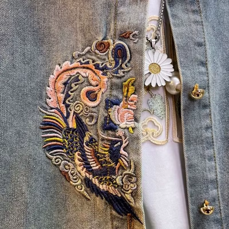 Chemise en jean femme 2025 nouveau printemps été broderie ample à manches longues dames hauts Style rétro mode coréenne