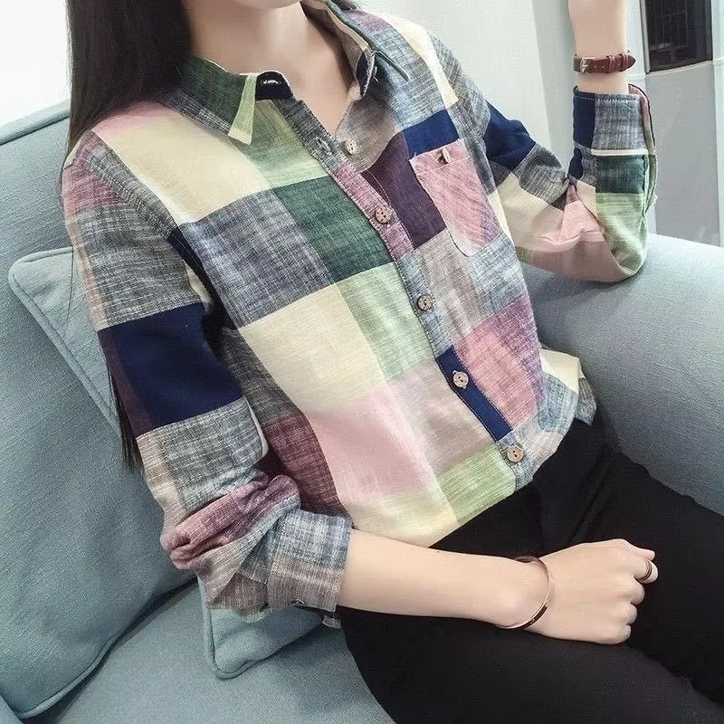Chemise à carreaux en coton et lin pour femmes