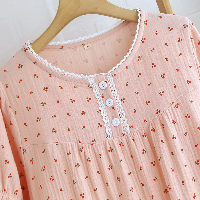 Chemise de nuit à manches courtes femmes dentelle cerise imprimé