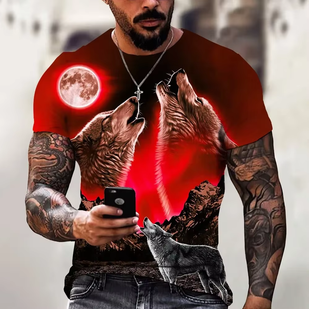 2025 loup T-shirt pour hommes imprimé Animal à manches courtes haut 3D décontracté rue homme T-shirt surdimensionné T-shirt hommes Vintage vêtements