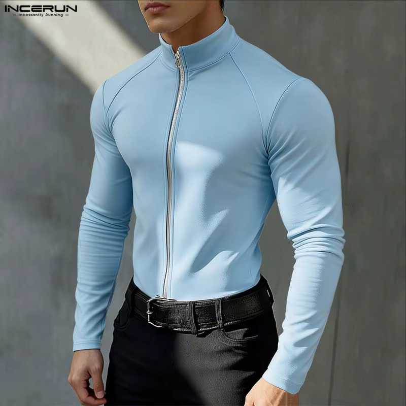 INCERUN hommes t-shirt col roulé fermeture éclair manches longues décontracté mâle