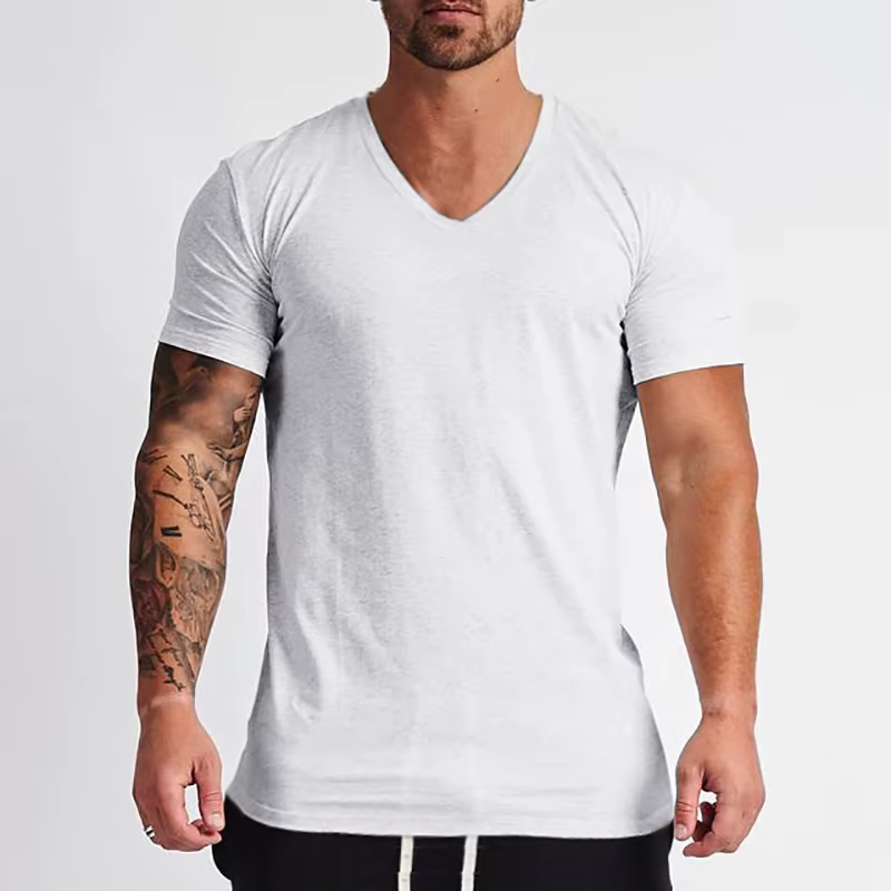 Nouvelle mode col en v T-shirt hommes coton coupe ajustée à manches courtes