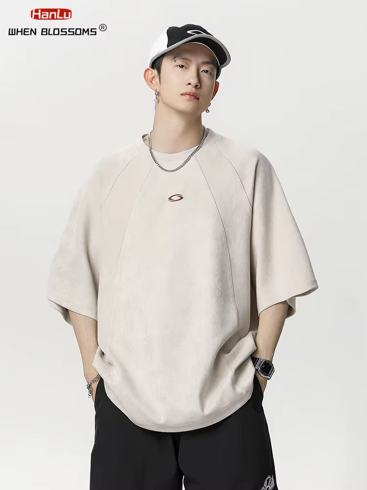 HANLU nouvel été hommes daim T-shirt broderie Vintage Hip Hop surdimensionné