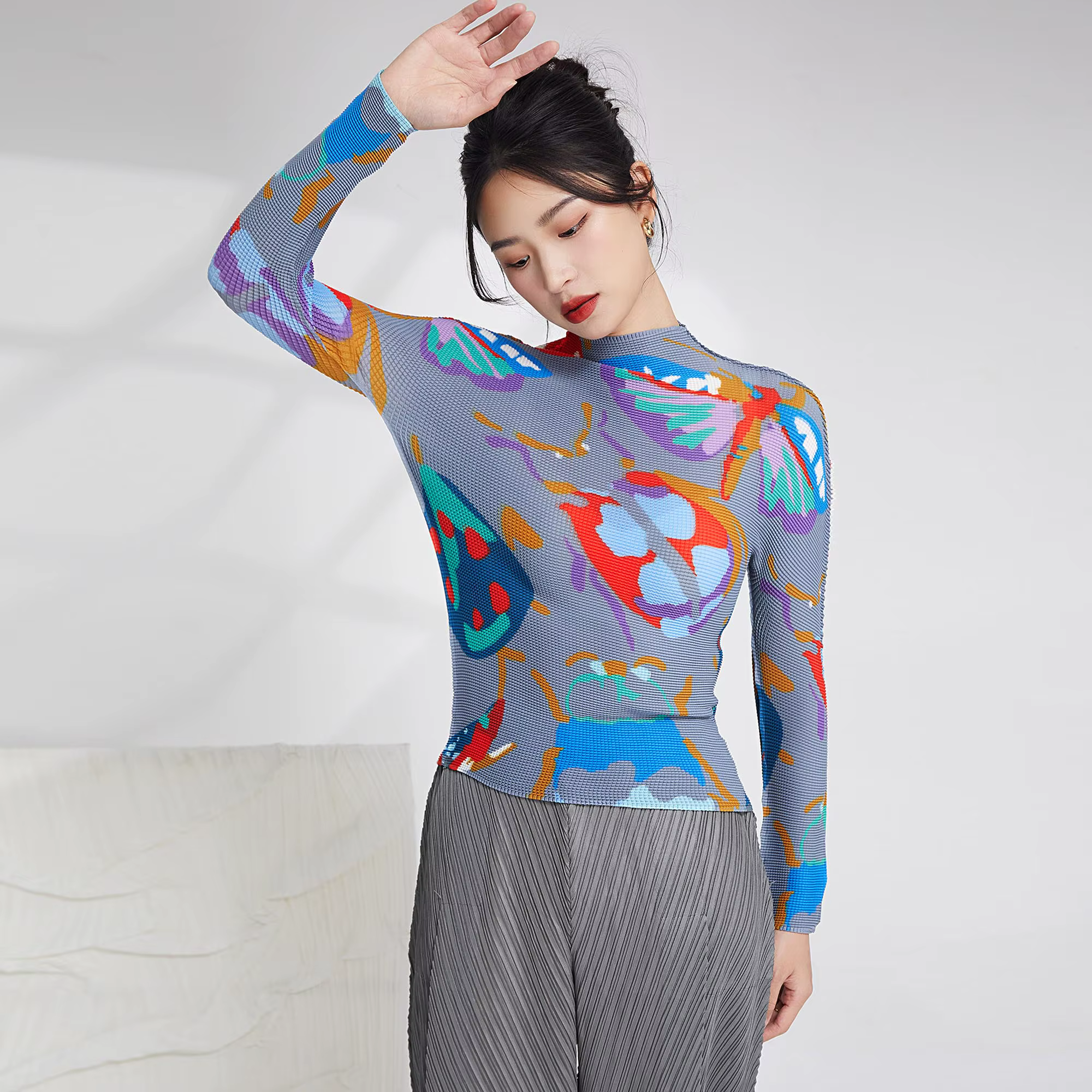 Vente chaude plissé artisanat haut femmes mode imprimé Blouse élastique à manches longues T-Shirt