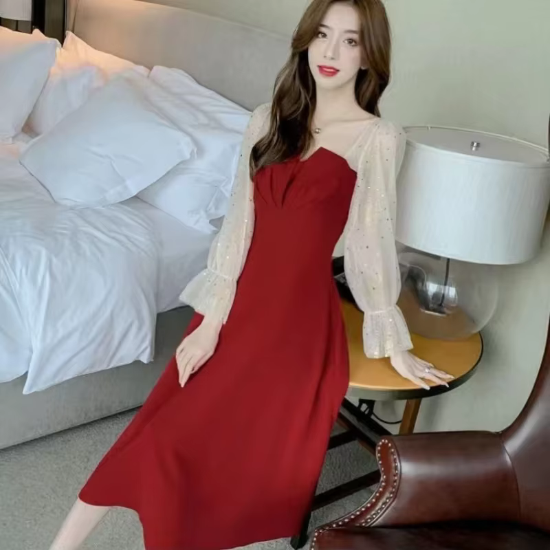 Robes rouges pour femmes fête Style coréen élégant luxe élastique en ventes pleine haute qualité bal soirée femme robe à manches longues