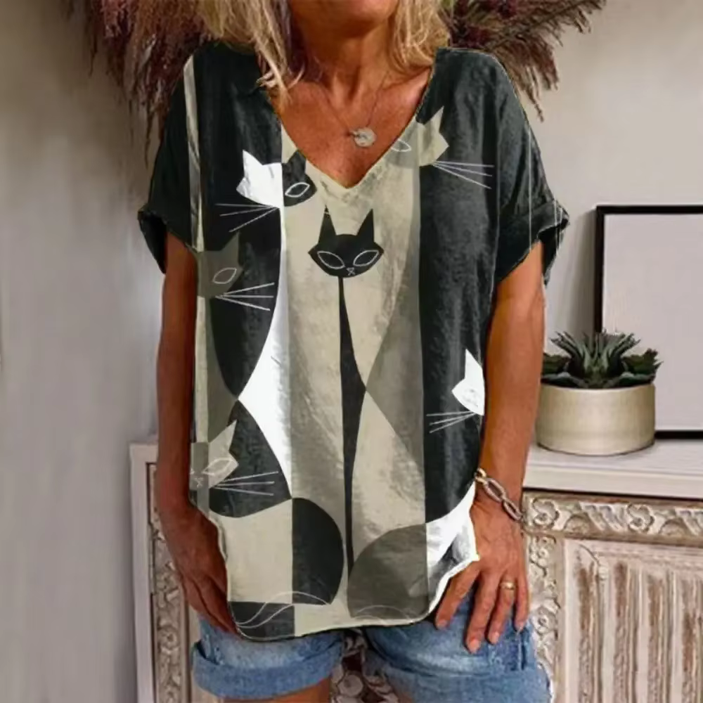 T-shirt femme dessin animé chat imprimé été à manches courtes col en v Kawaii mode