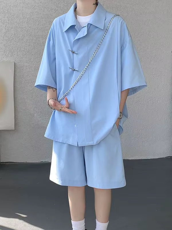 Ensemble chemise et short en soie froide pour homme – Été, fin, séchage rapide, respirant, col à revers, manches courtes