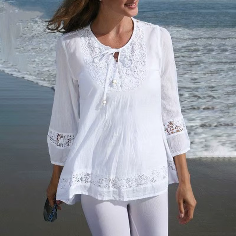 T-shirt à manches 3/4 en coton et lin pour femmes