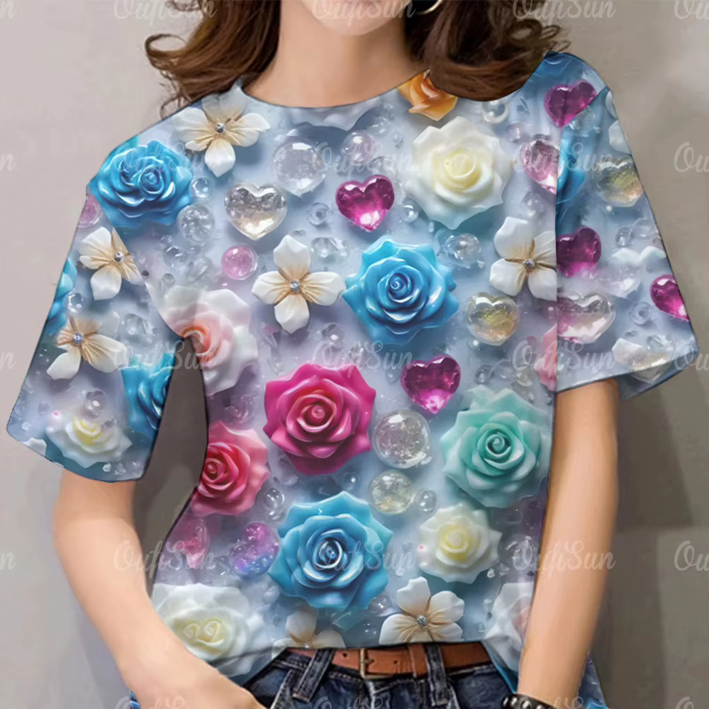 T-shirt pour femme à imprimé floral tendance - Cadeau de la Saint-Valentin avec technologie d'impression numérique 3D