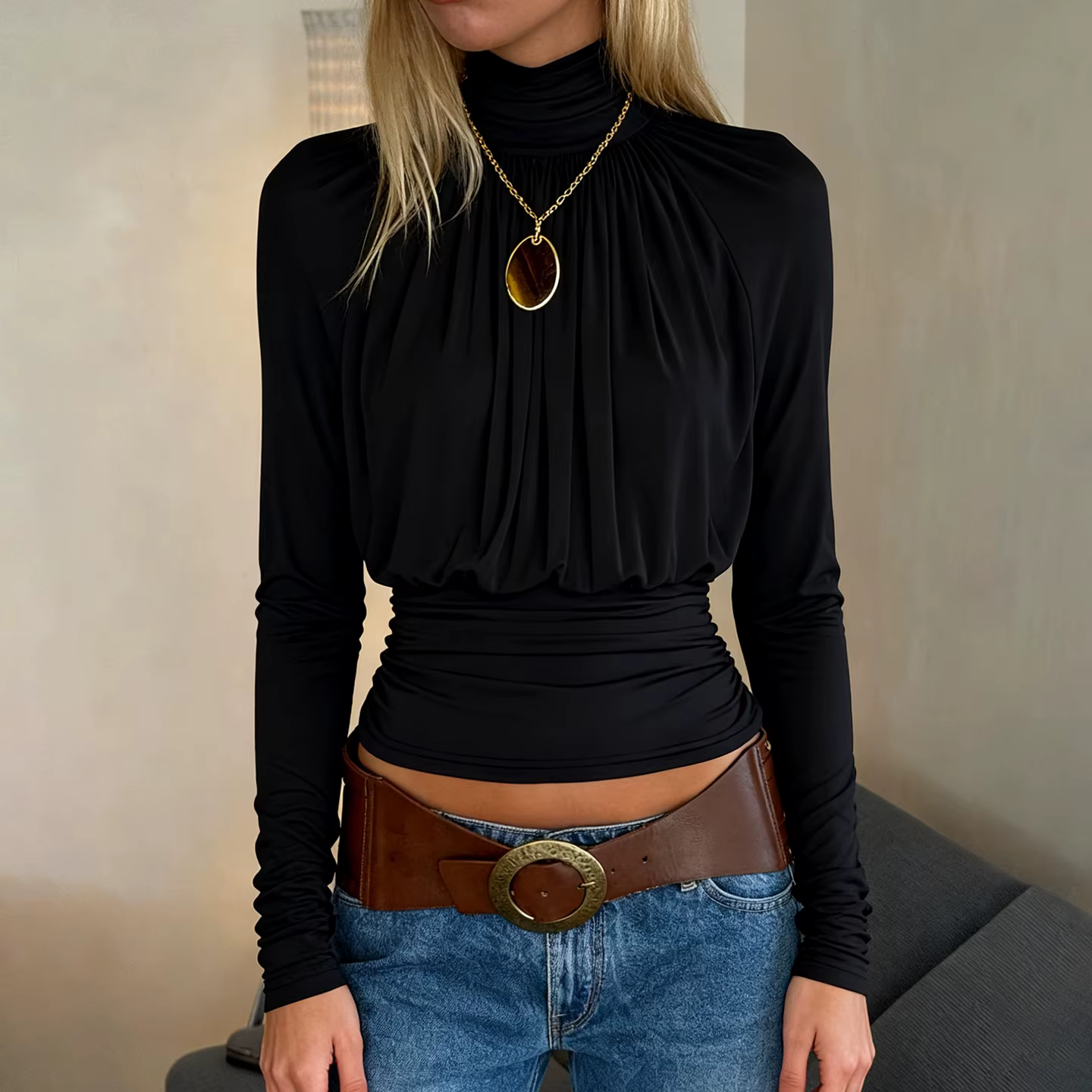 Élégant basique col roulé drapé t-shirt coupe ajustée solide froncé taille à manches longues t-shirts femmes 2025 décontracté haut pour femme
